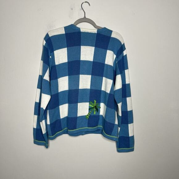 Vintage Talbots Sweater Womens XL Cardigan Patchwork Palm Trees Cable Knit 90s - Picture 3 of 13